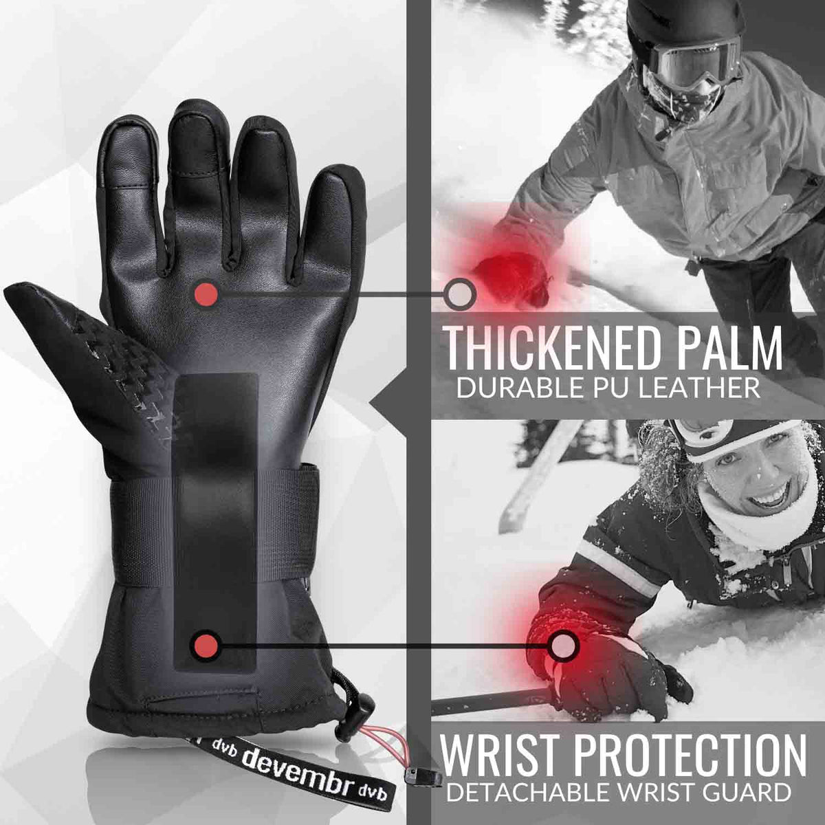 Snowboard Ski Gloves with Wrist Guard Warm Snow Gloves for Men